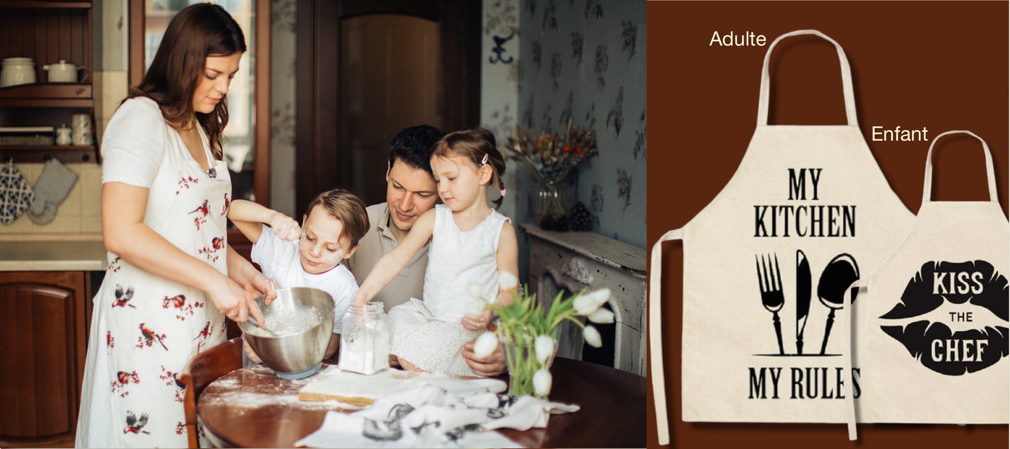 tablier de cuisine kitchen apron lin coton taille size adult enfant children motif pattern