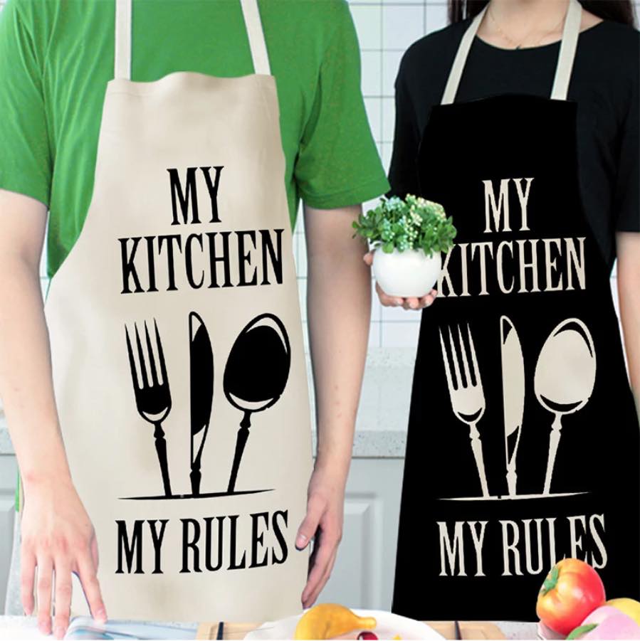 tablier de cuisine kitchen apron lin coton motif maximes my rules white taille adulte et enfant