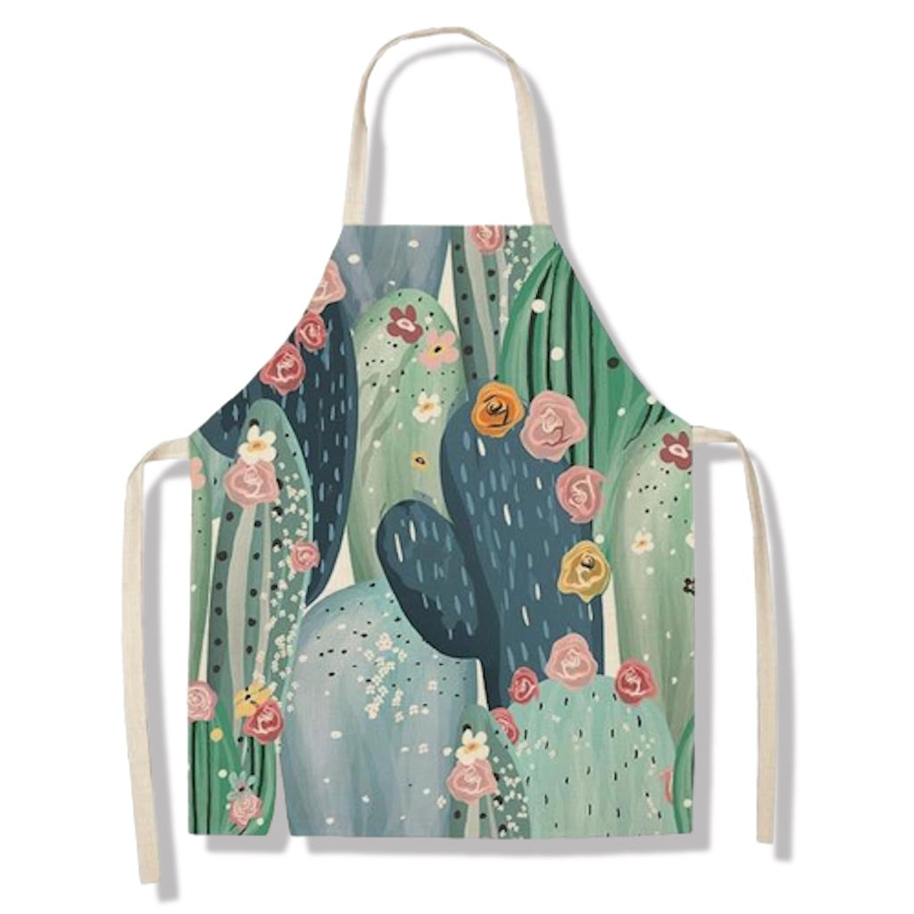 tablier de cuisine kitchen apron lin coton motif cactus flower blue taille adulte et enfant