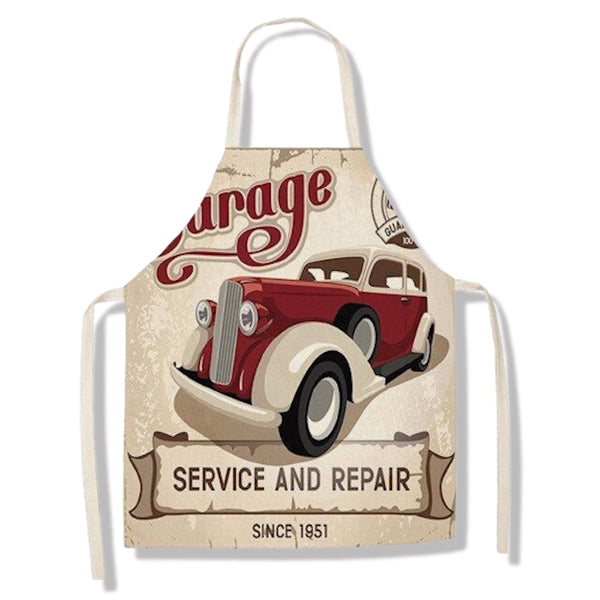 tablier de cuisine kitchen apron lin coton motif voiture garage taille adulte et enfant