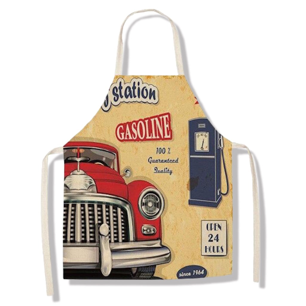tablier de cuisine kitchen apron lin coton motif voiture gasoline taille adulte et enfant