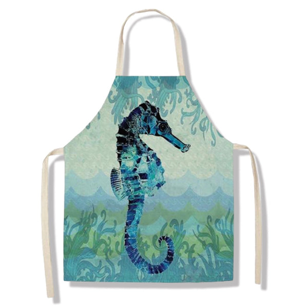 tablier de cuisine kitchen apron lin coton motif poisson hypocampus taille adulte et enfant