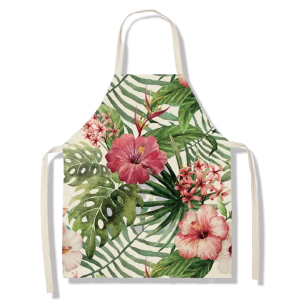 tablier de cuisine kitchen apron lin coton motif plante pink hibiscus taille adulte et enfant