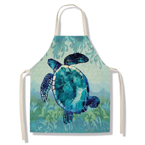 tablier de cuisine kitchen apron lin coton motif poisson sea turtle taille adulte et enfant