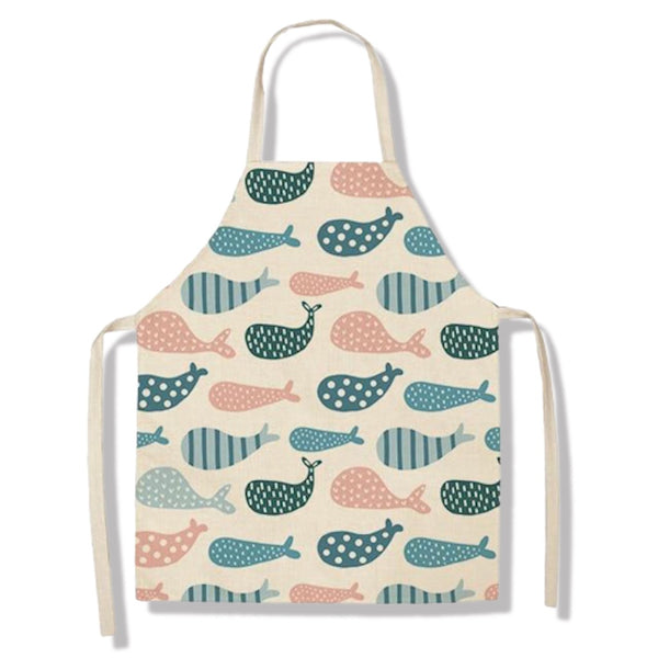 tablier de cuisine kitchen apron lin coton motif poisson whales taille adulte et enfant