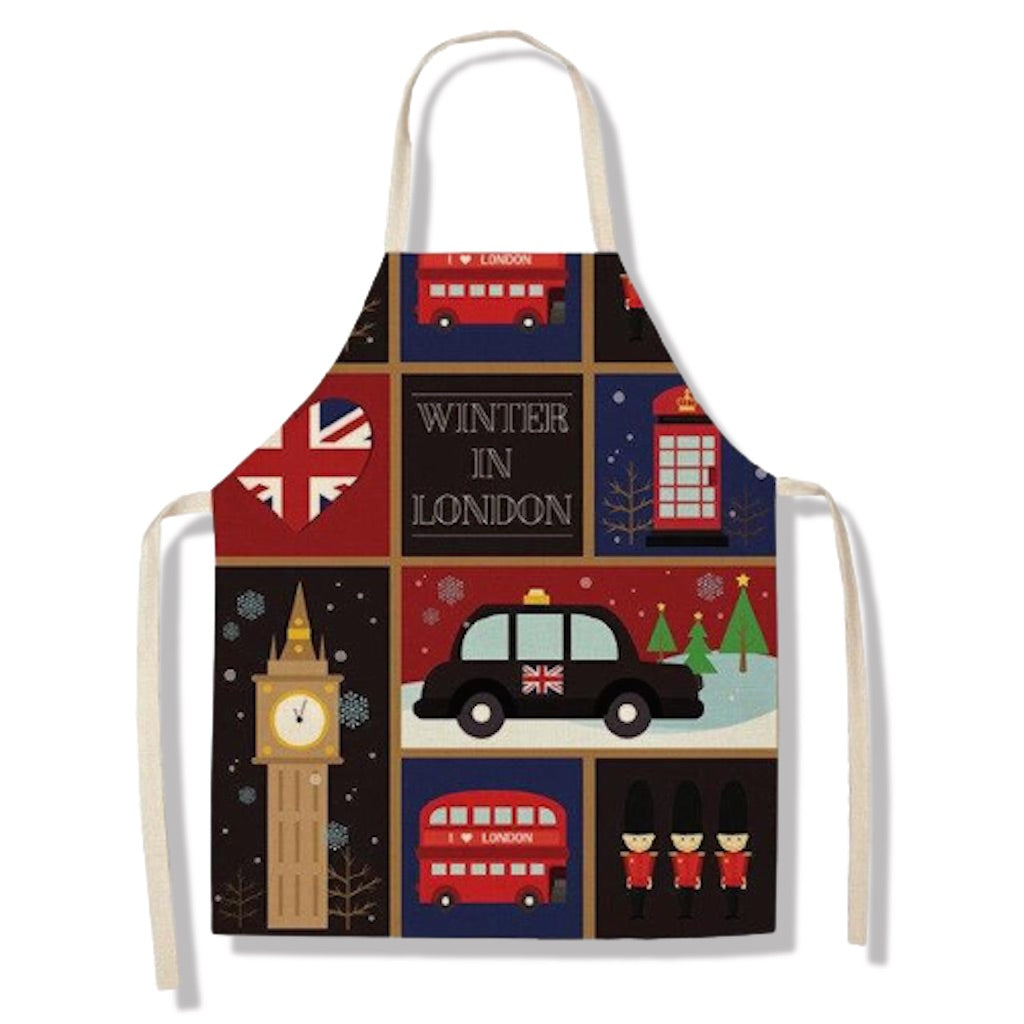 tablier de cuisine kitchen apron lin coton motif londres winter taille adulte et enfant